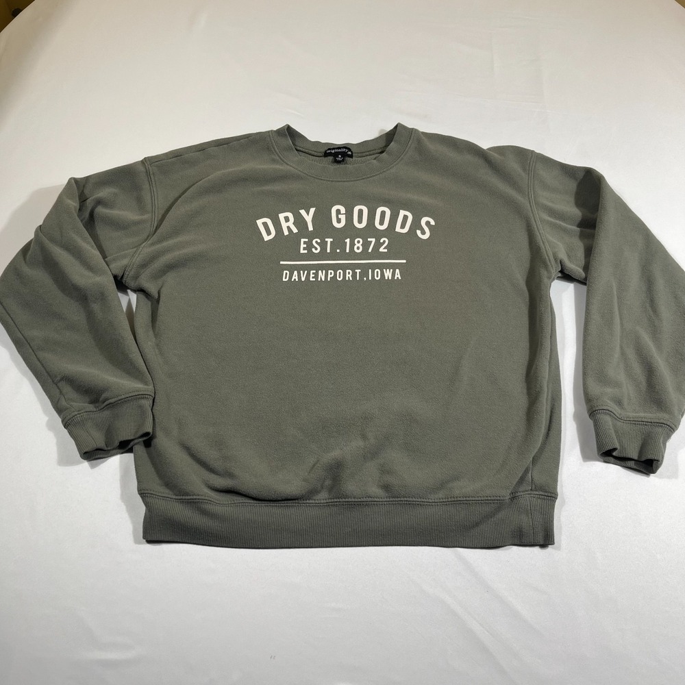Originality Dry Goods Sweatshirt Small Olive Green Davenport Iowa Graphic